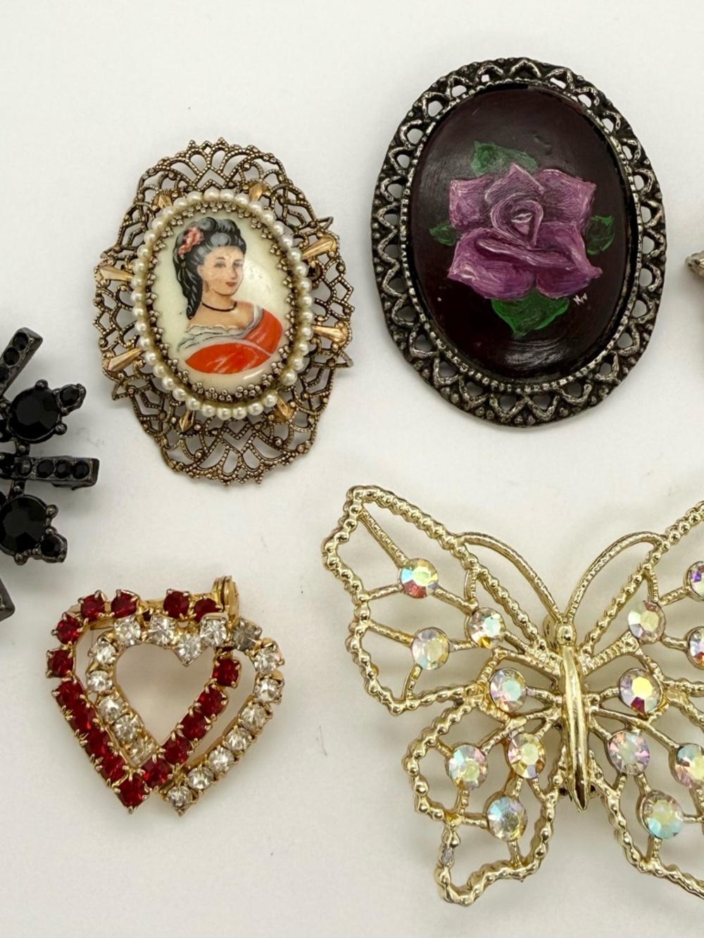 Vintage Estate Brooch lot AB Rhinestone Painted Cameo Victorian Scarf Pin Charm